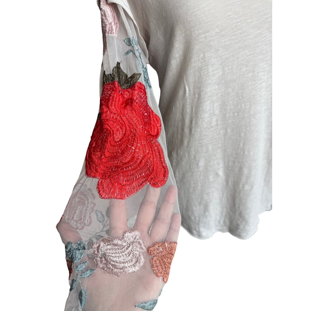 Free People Embroidered Mesh Sleeve Tee Boho Romantic Floral Top Size Medium - Picture 7 of 14